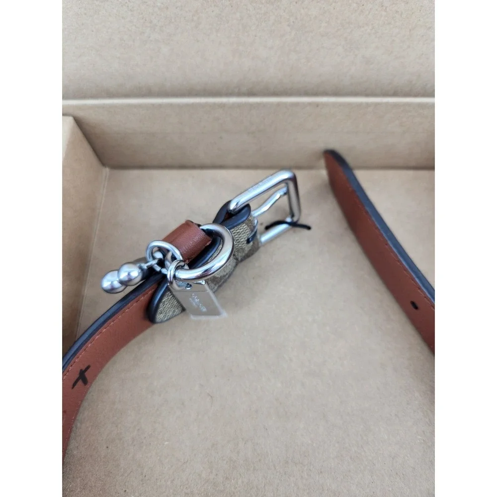 New Coach Dog Collar Medium Khaki Saddle Signature Canvas Leather CH146 J2392